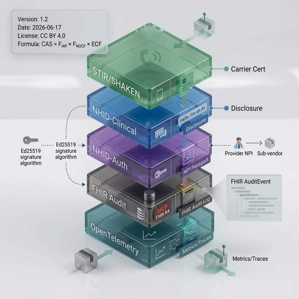 Five-layer trust stack: STIR/SHAKEN carrier certification at top, NHID-Clinical disclosure layer, NHID-Auth with Ed25519 signatures and NPI Passports, FHIR R4 Audit logging, and OpenTelemetry metrics and traces at the base